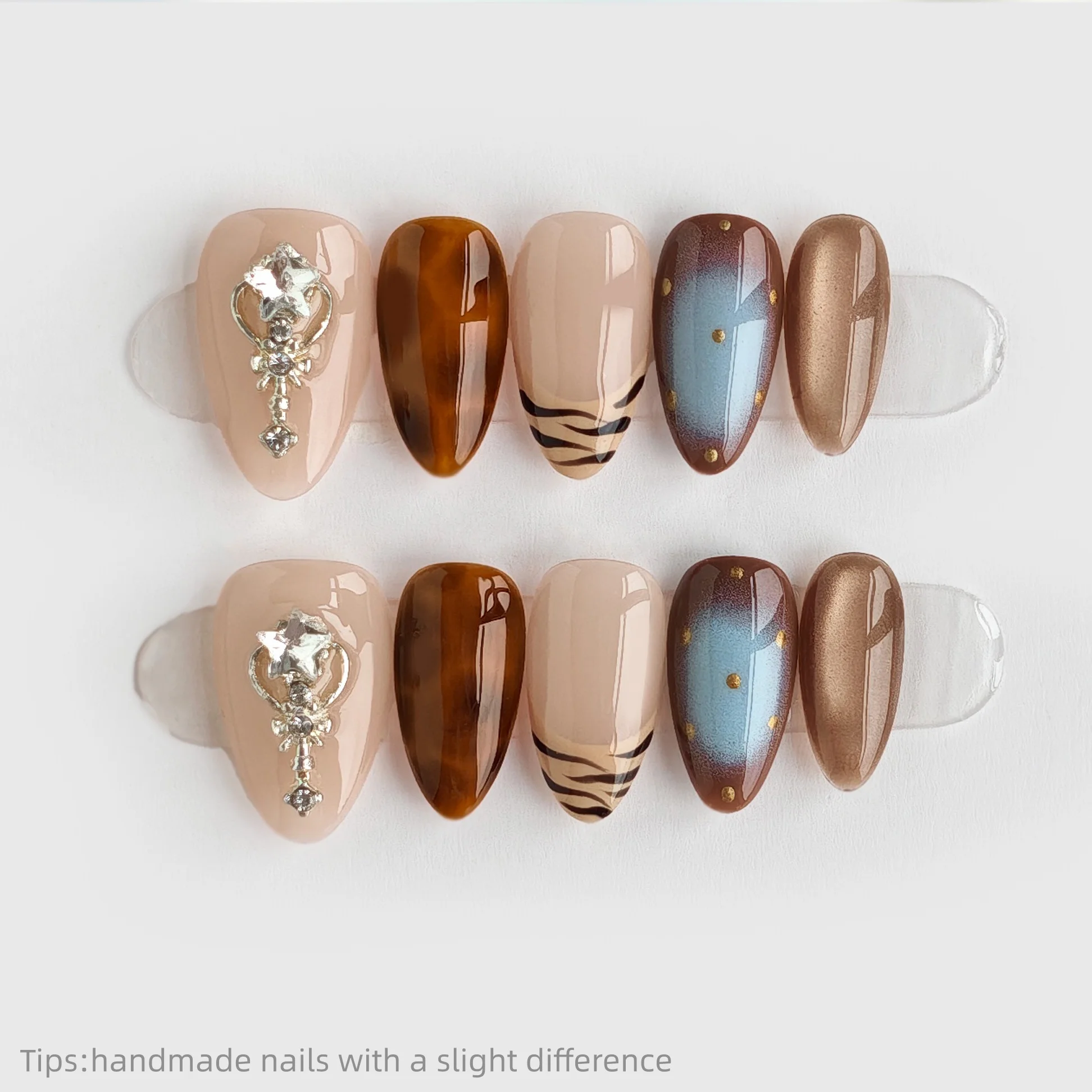 

10pcs Handmade Nude Brown Star Rhinestone Leopard Press on Nails Almond Full Cover Wearable Reusable Trendy False Nails