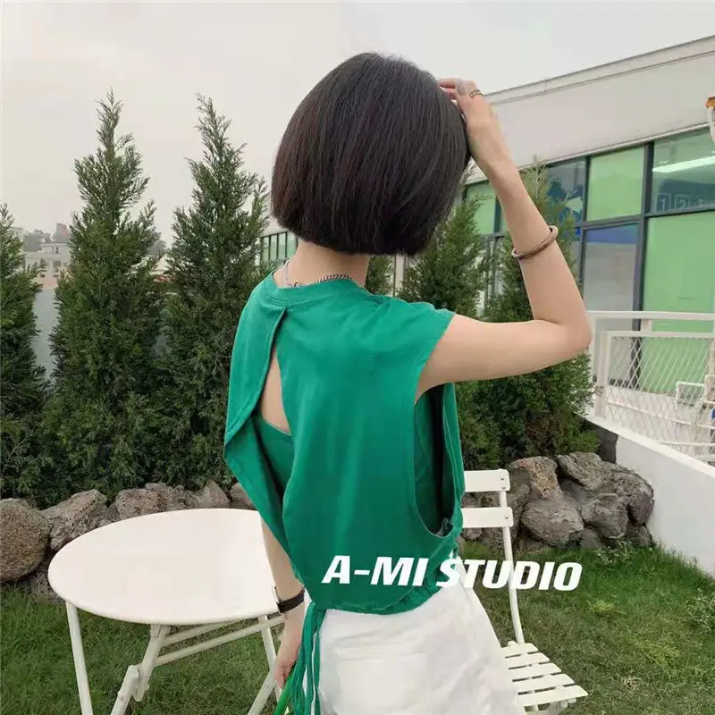 Street Casual Backless Scava fuori Top Estate Nuova manica corta Stampa Lettera Tendenza giovanile T-shirt Moda Abbigliamento donna coreana