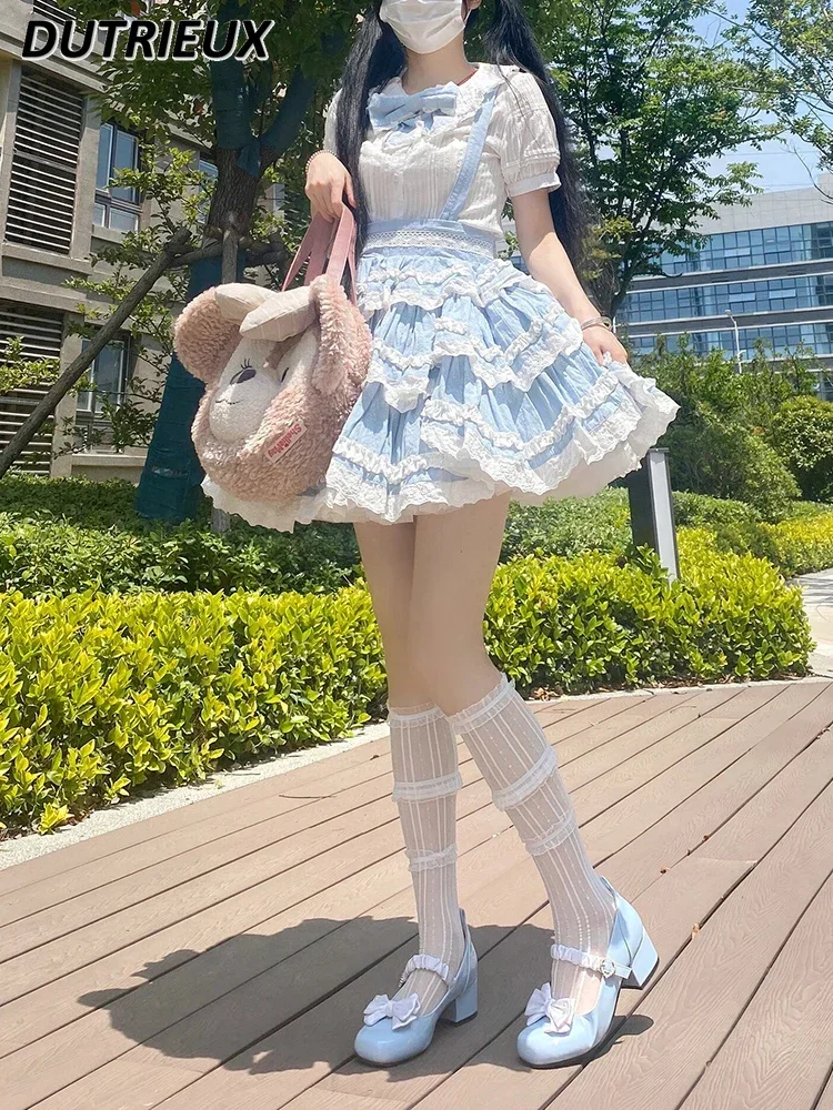 Japanese Blue and White Color Matching Sweet Cute Girl Removable Strap Skirt Lolita Student High Waist Short A-line Skirts