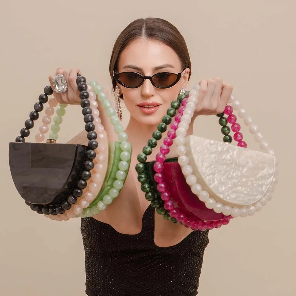 Fashion Acrylic Evening Party Bags Round Tote Shoulder Handbag Lady Purse Beaded Hand Bag