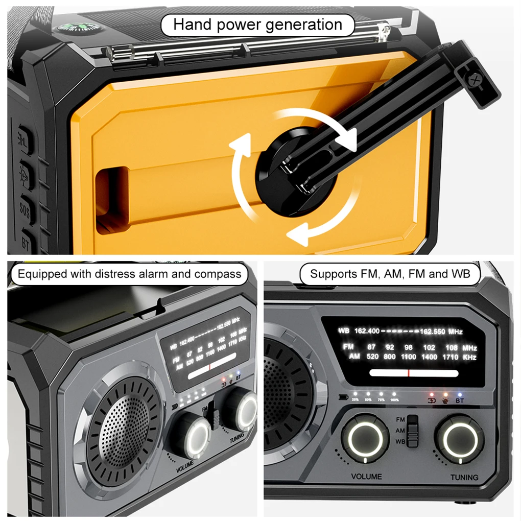 AM/FM/WB NOAA راديو الطقس في حالات الطوارئ كرنك اليد 16000 مللي أمبير راديو بالطاقة الشمسية SOS إنذار Type-C راديو شحن لحالات الطوارئ الخارجية