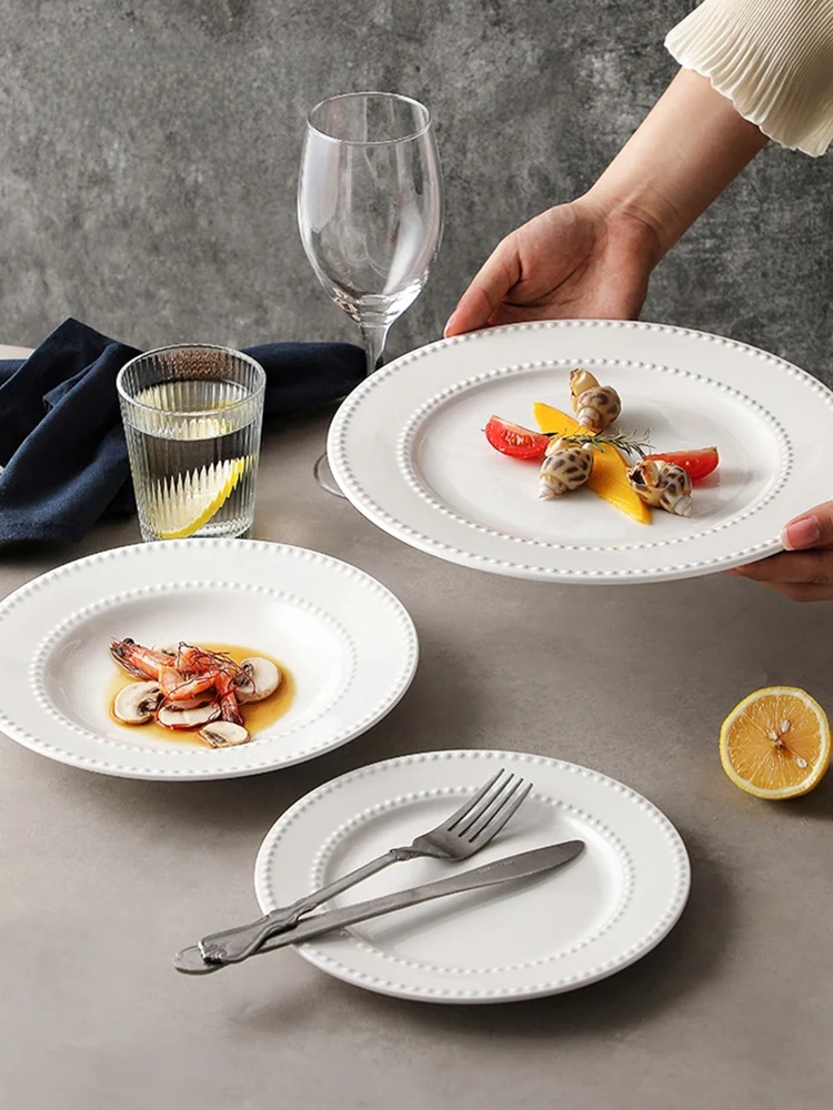 Plato de Cerámica Blanco Simple para Servir Filetes, Platos para Pasta, Sensación de Lujo, Plato Redondo para Adultos de 8 Pu...