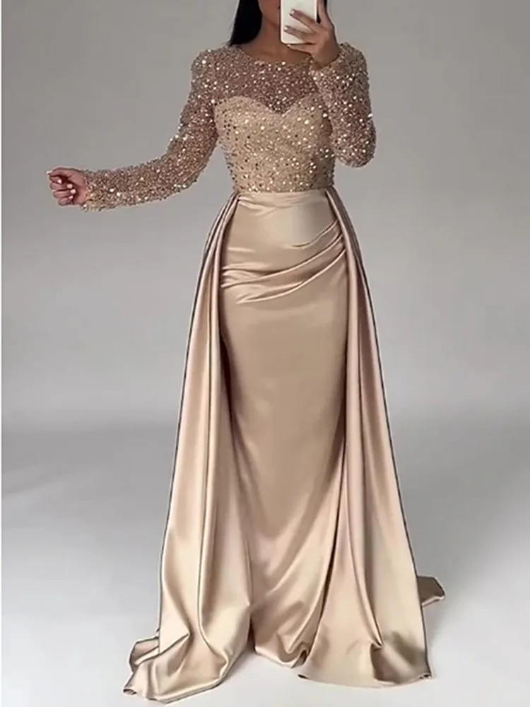 

SKMY 2026 French Sequined Patchwork Satin Dress Elegant Temperament Party Clubwear Long Sleeve Women Clothing Long Dresses