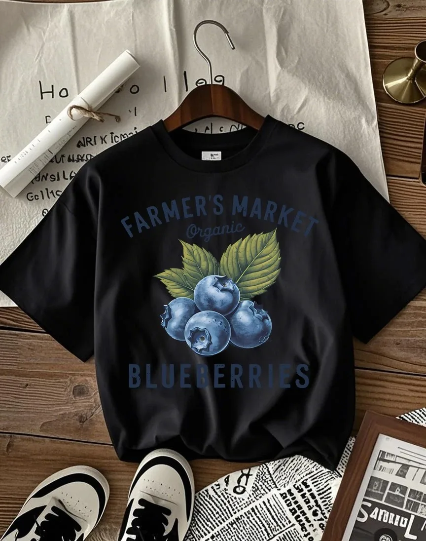 Farmer's Market Organic Blueberries Graphic T-Shirt Vintage Fruit Aesthetic Tee Summer Short Sleeve Streetwear Casual Women Top