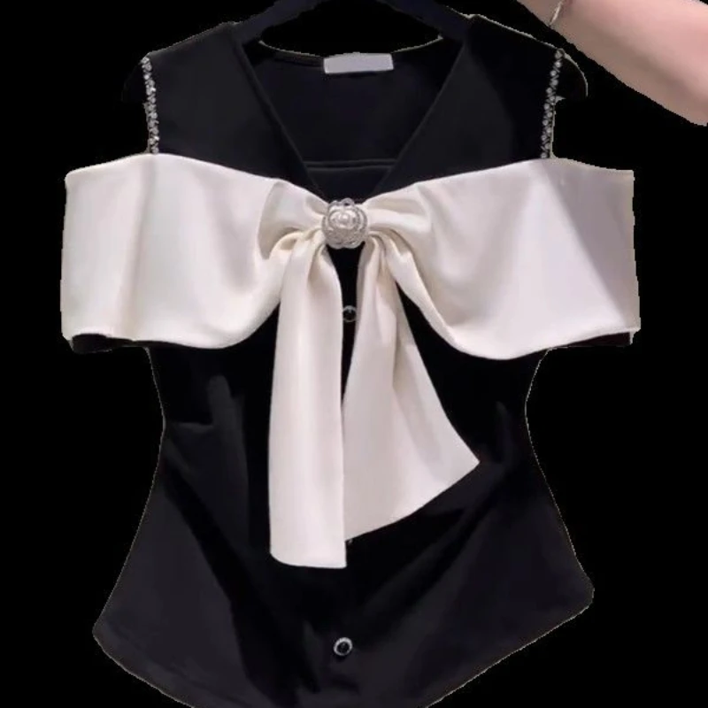 Commuting Fashionable Elegant Bowknot T-shirt Women New Summer 2024 Pleated Waist-cinching Off-the-shoulder Top Graphic T Shirts