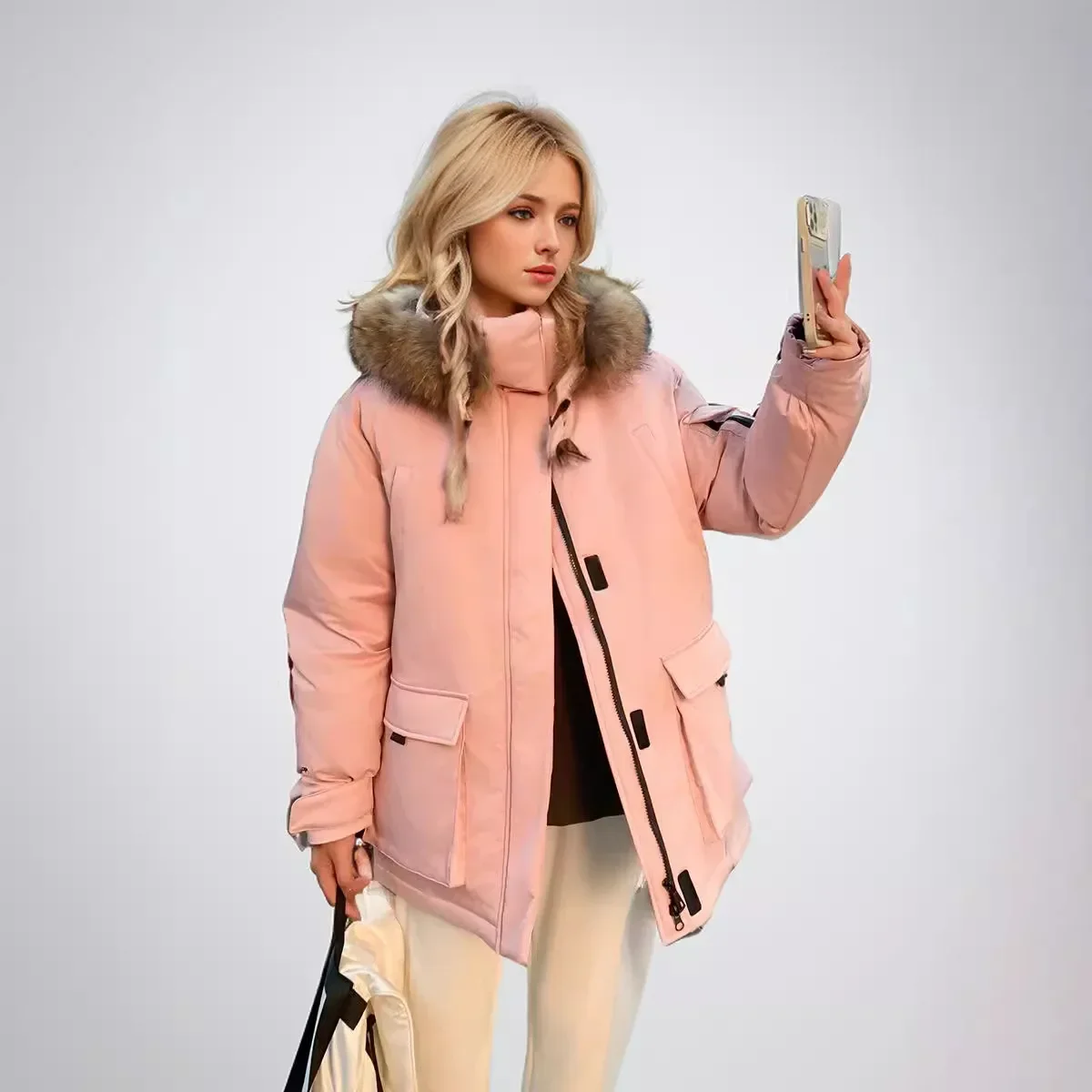 

New Female Fur Collar Thicken Warm Cotton Jacket Women Casual Hooded Jacket Snow Wear Padded Clothes Tooling Cotton Jacket New