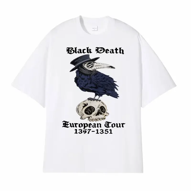 Join The Black Death European Tour with Our Raven Plague Doctor Crow Funny Meme TShirt for Men Harajuku Oversized Cotton T-shirt