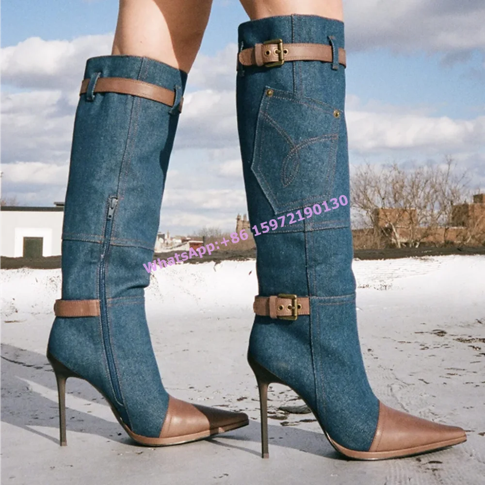 

Dark Denim Blue Pocket Boots Buckle Belt Pointy Toe Thin Heels Side Zipper Patchwork Shoes Hotties Sewing Winter Knee High Boots