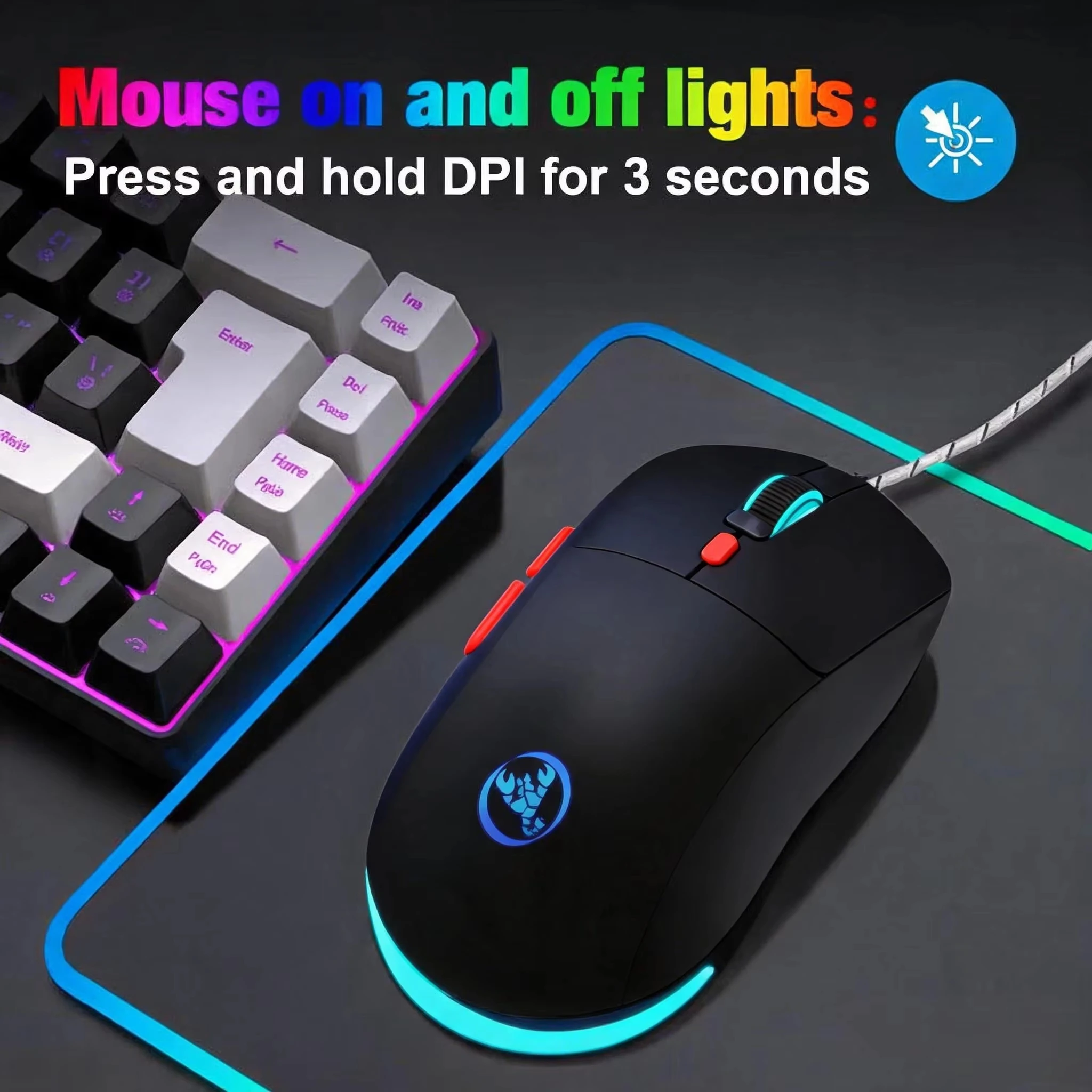 HXSJ Wired Gaming Mouse 4-Level 4800 DPI 7Color RGB Light Ergonomic 1ms Low Latency USB Mice Support Light For PC Mac Linux Game