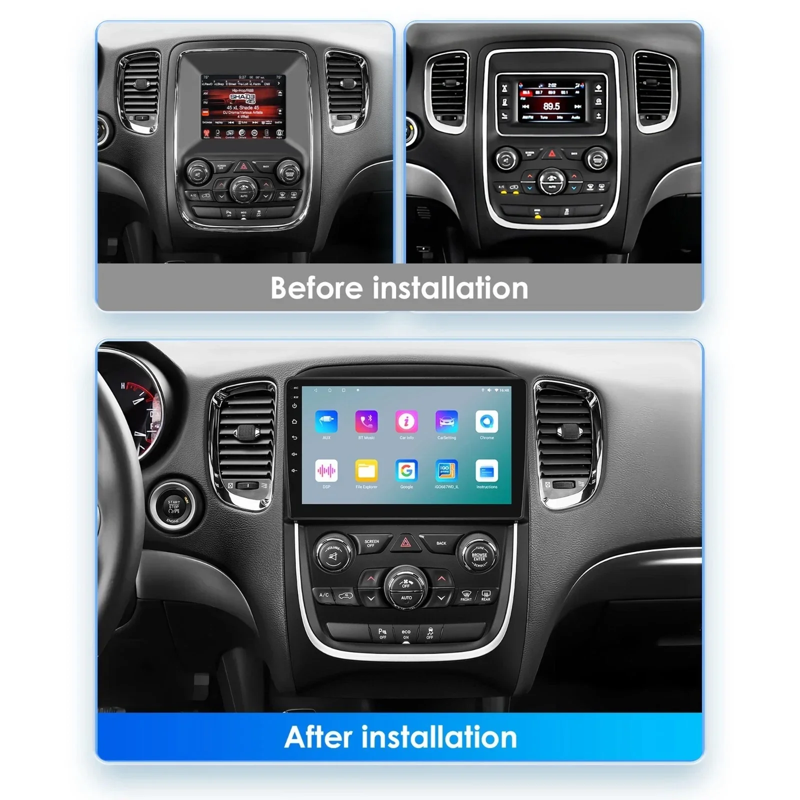 Autoradio Android 13 9 pouces, 4 + 64 go, pour Durango 2014 – 2020, CarPlay sans fil intégré, autoradio Android Auto, avec GPS, WiFi, Bluetooth