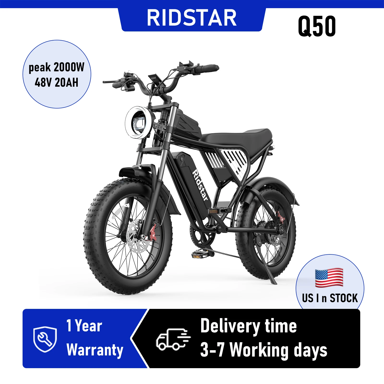 RIDSTAR 2000W Q50 Off-road Electric Bike for Adults E-Bike 48V 20AH 20