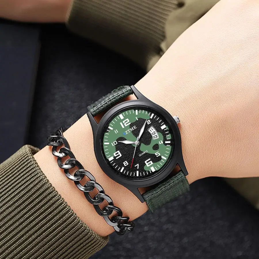 Explosive men\'s fashion canvas with camouflage watch luminous pointer with calendar quartz watch