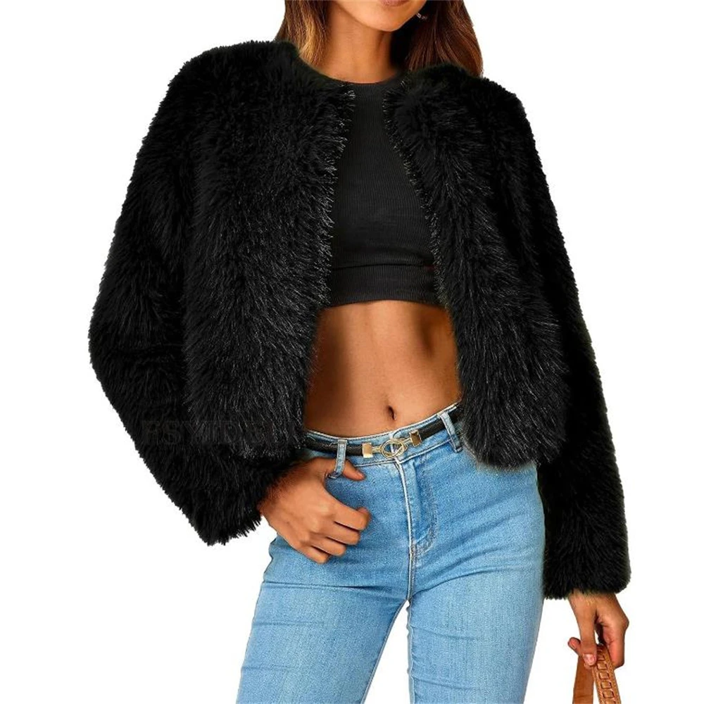 Women Loose Long Sleeve V-neck Female Cardigan 2024 Winter Fashion Lady Overcoat Streetwear Warm Fluffy Faux Fur Jacket Coat