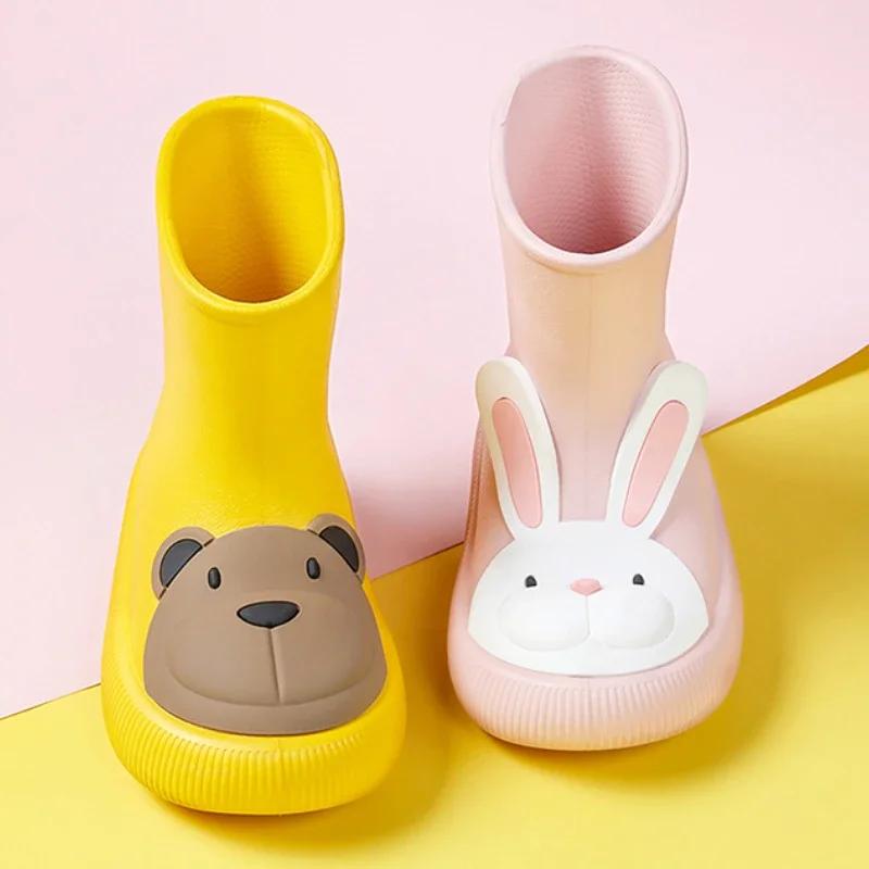 Children\'s Rain Cartoon Boots Waterproof Non-Slip Rubber Shoe Cute Bear Rabbit Shoes for Boys Girls EVA Middle Tube Water Shoes