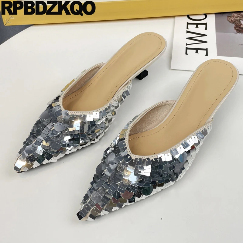 

Metallic Sparkly Y2k Slides Sequin Slippers Chunky Medium Heel Women Round Toe Half Shoes Sparkling Pointy Sandals Mules Pumps