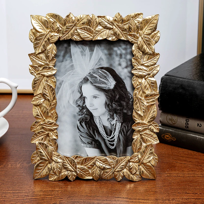 

Vintage Gold Leaves Resin Tabletop Photo Frame 4 By 6 Two Ways Rectangle Shape For Home Office Decoration