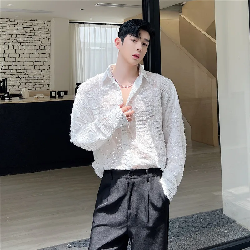 

Мужская футболка с длинным рукавом для весны и лета, с вырезами, повседневная, тонкая, с дизайнерским акцентом, в стиле сетчатой ткани, легкая, роскошная, с яркими пайетками