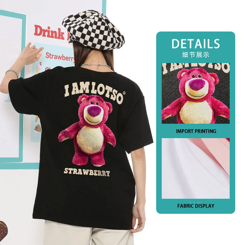 Disney-Camiseta feminina de manga curta, urso morango, rosa, puro algodão, solta, meia manga, verão, roupas doces