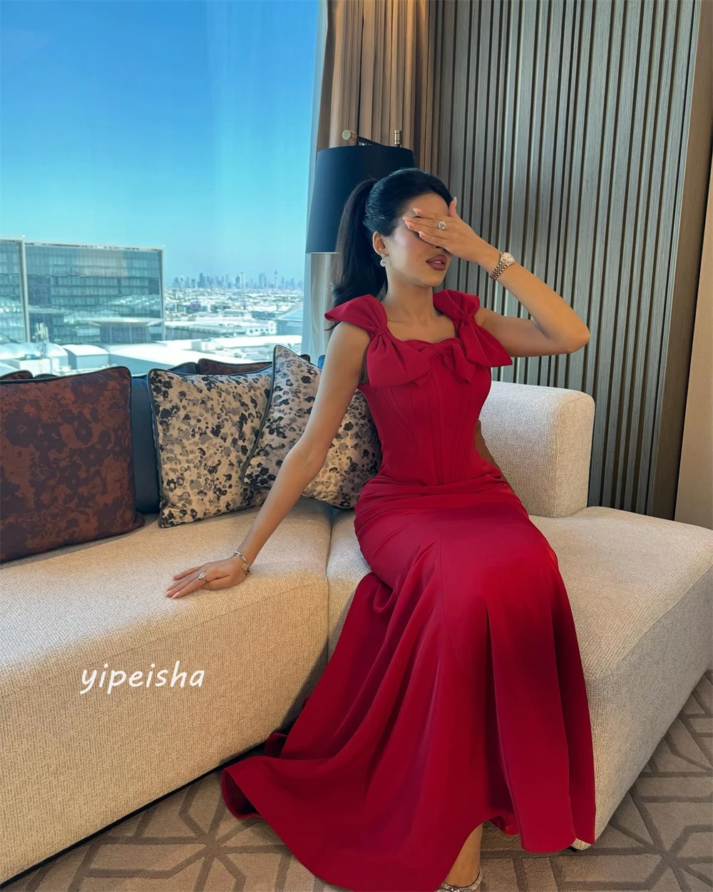 Customized Evening Saudi Arabia Jersey Bow Draped Pleat Wedding Party Mermaid O-Neck Bespoke Occasion Gown Long Dresses