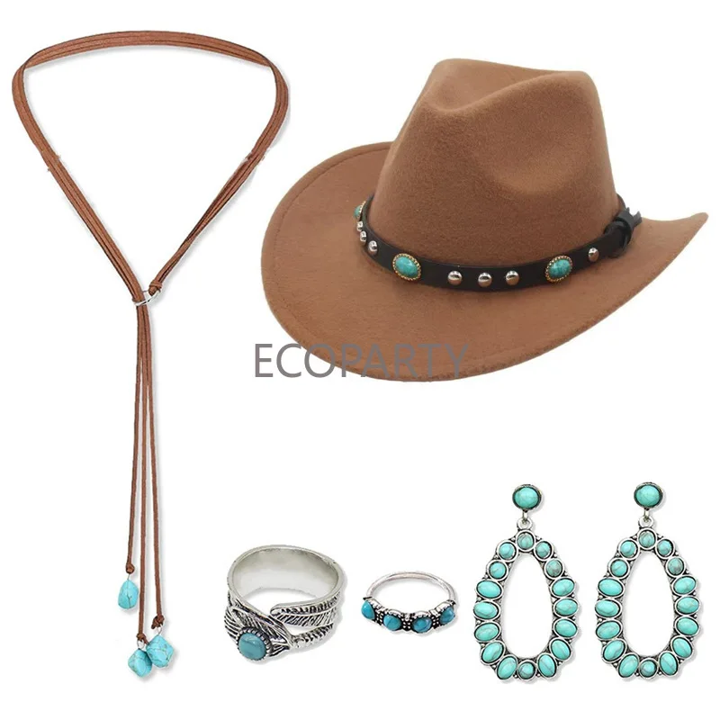 

Ethnic Style Women Western Cowboy Accessories Cowboy Hat Bull Scalp Braided Rope Felt Cap Necklace Earrings Ring Dress Up Set