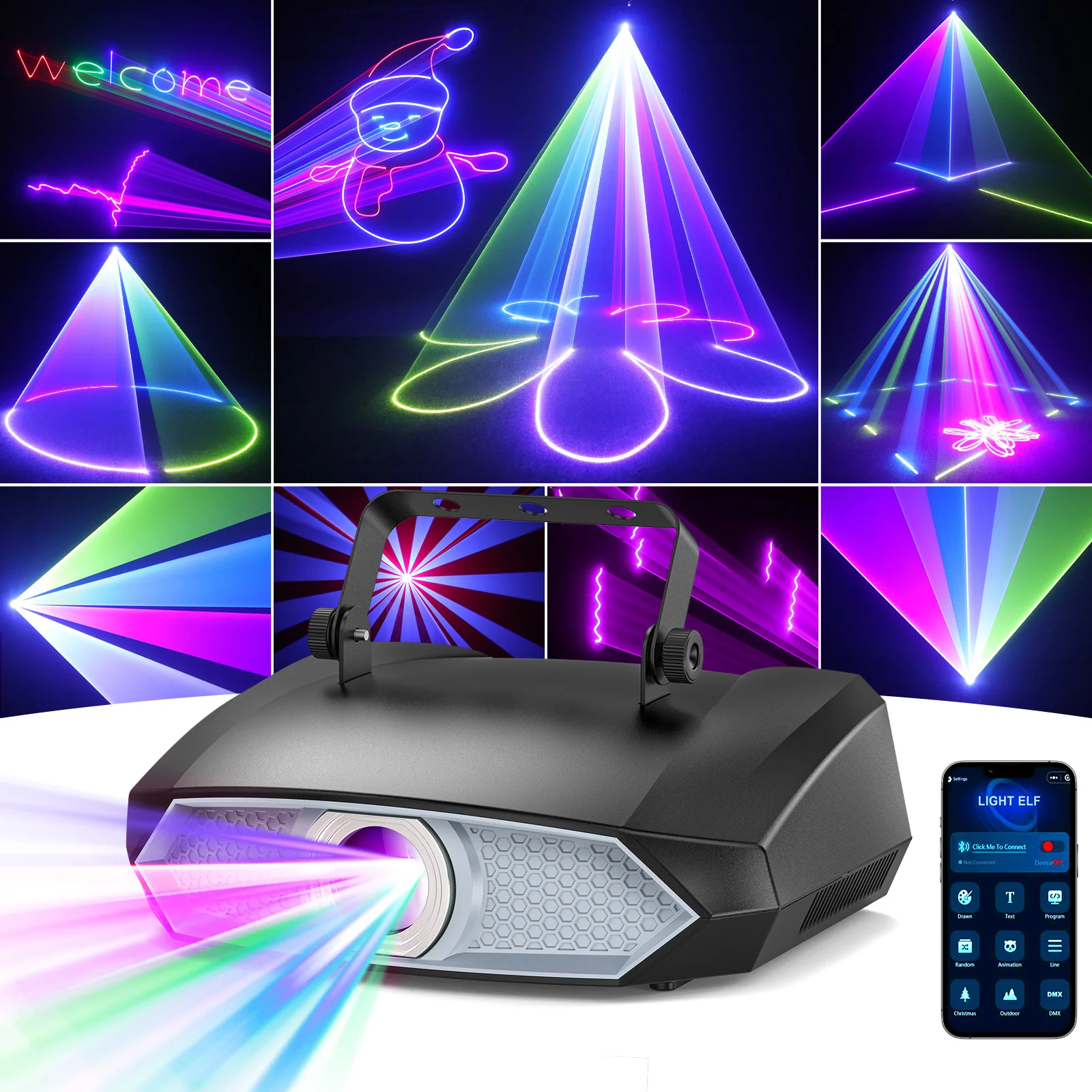 

U'King 2W Animation DJ Laser Light DMX APP Control Полноцветный RGB DJ Light 3D Анимационный лазерный проектор для Рождества Хэллоуина