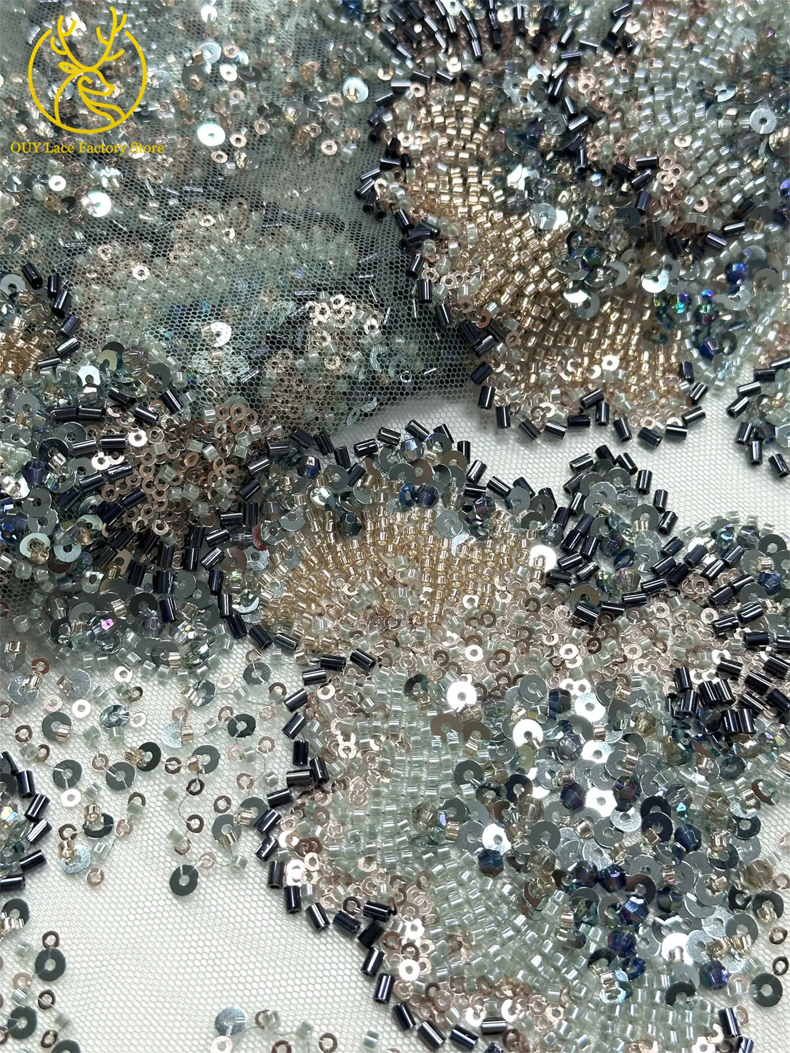 Barock-Stil, perlenbesetzter nigerianischer Tüll-Spitzenstoff 2026, hochwertige französische Pailletten-Spitze für Hochzeits- und Partykleider, zum Nähen, 5Y – Detail 23