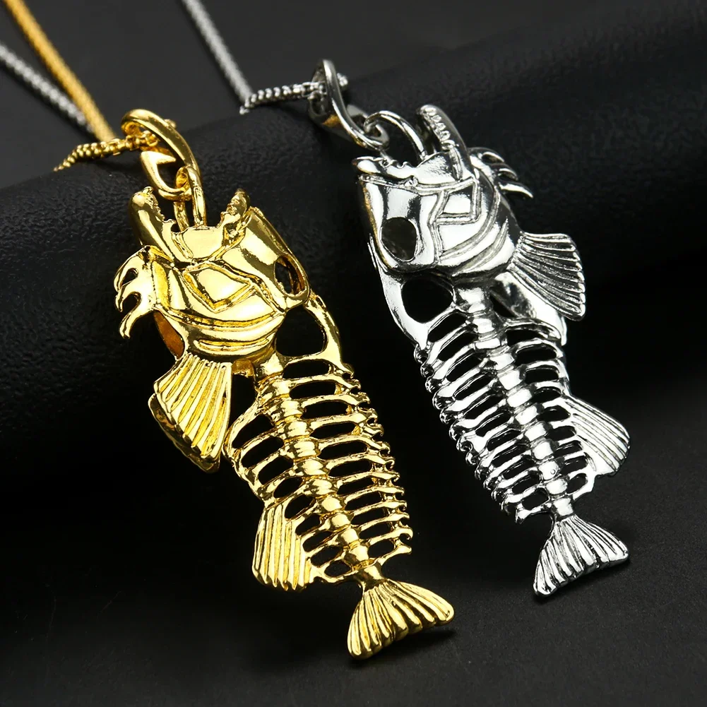 Western Style Fish Necklace Fish bones skulls Pendant Sea Punk Hip-hop Cowboy Chain Jewelry Suitable for Fishing Enthusiast Gift