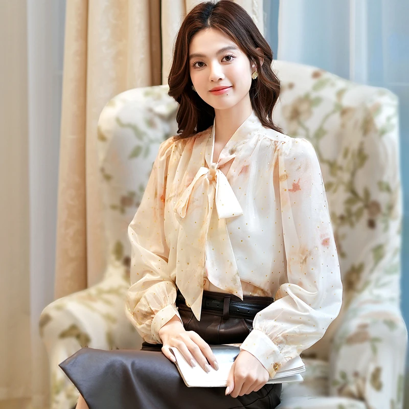 بلوزة قميص نسائية جديدة بأكمام طويلة وياقة على شكل فيونكة مطبوعة قميص شيفون بلوزة نسائية بلوزات قمصان Blusas Para Mujer 2025 Q740