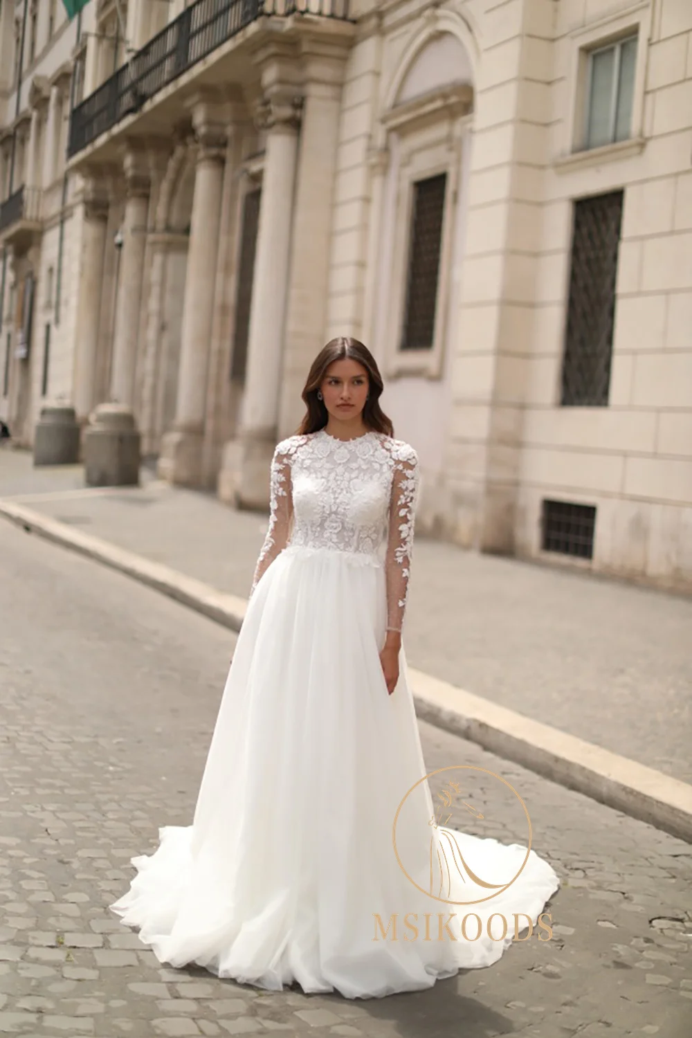 Msikoods Boho Abiti da sposa 2025 Illusion Manica lunga Scollo a V Una linea Abito da sposa Abiti da sposa di lusso con applicazioni in pizzo Personalizzato