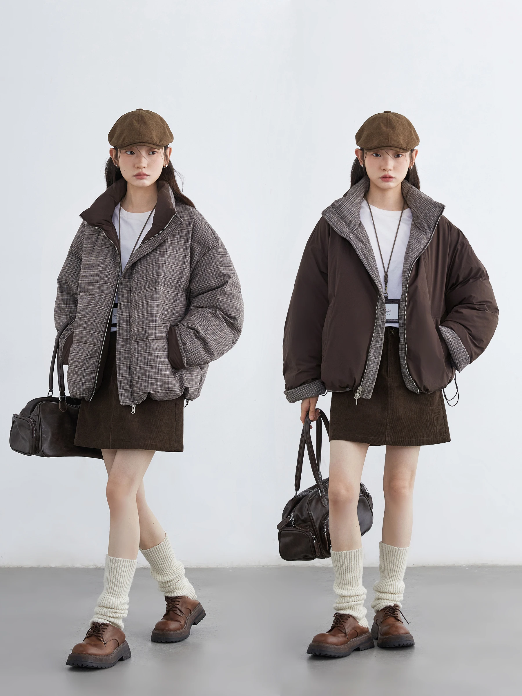 شيك فين النساء أسفل معاطف الرجعية الوجهين الوقوف طوق أسفل سترة 90 الأبيض بطة أسفل معطف الإناث الخريف الشتاء 2025