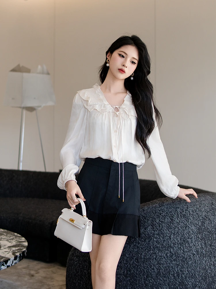 

Ele Loose Long Sve irt with Knot Unique Lotus Le Collar Design Lightweight Women's Faion Top