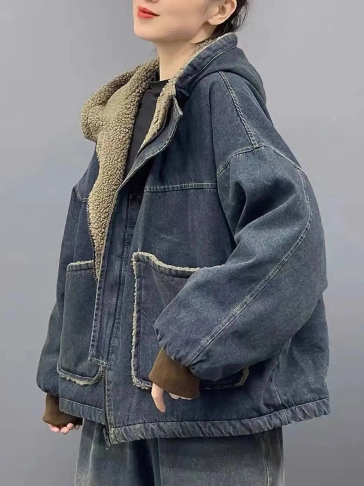 

Retro Lined Hooded Denim Women's Autumn Winter New Loose Versatile Warm Cotton Top Trendy