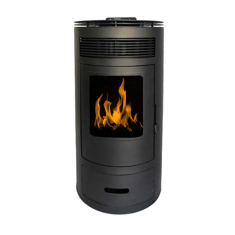 Limpieza automática cilíndrica HeYing de chimenea de esquina de vidrio de 12kw, estufa de pellets independiente para interiores