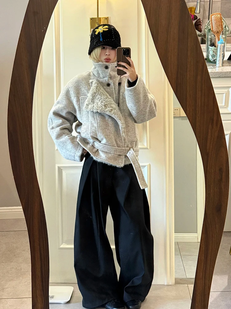 

Шерстяное пальто в стиле ретро в американском стиле с откидным воротником, двухрядные пуговицы, теплая хлопковая одежда для женщин, зимнее новое поступление