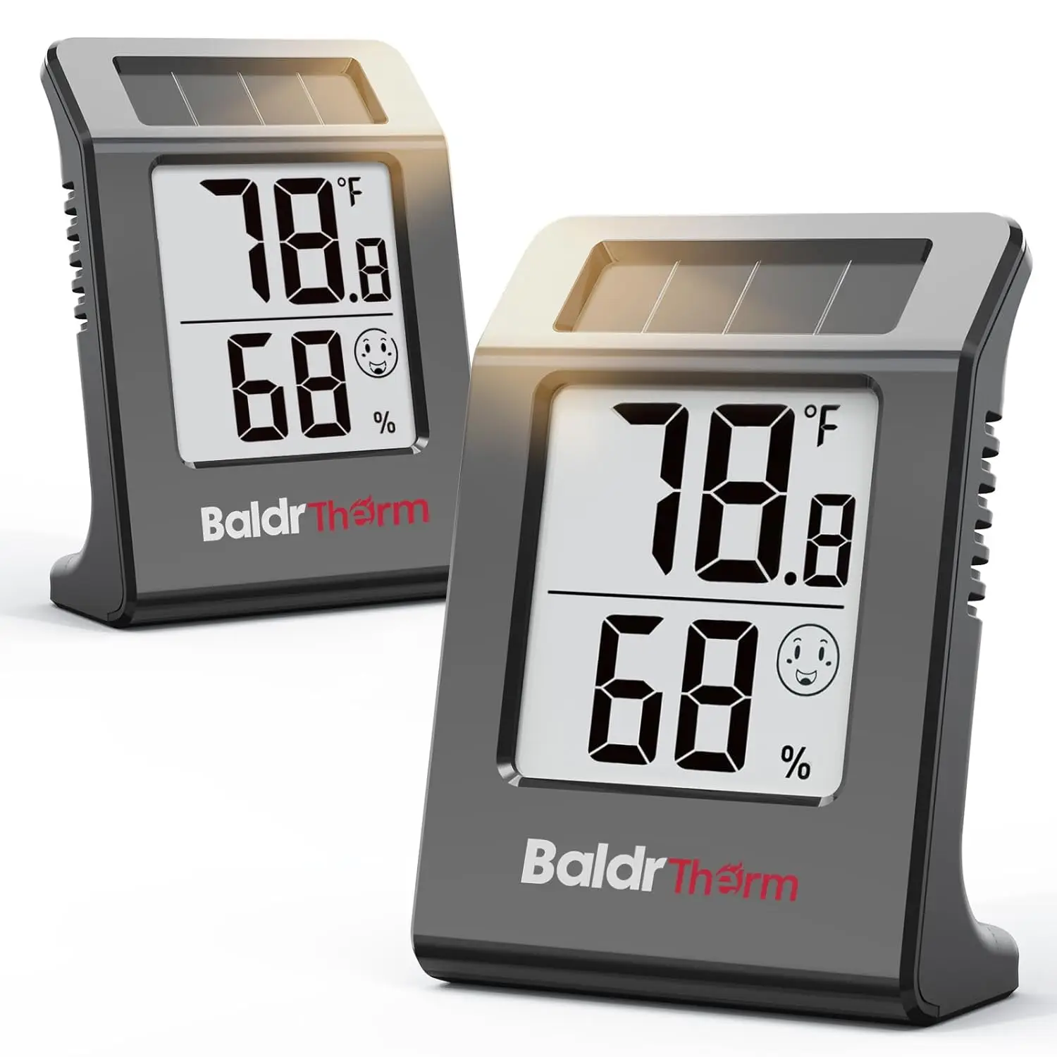 

2-Pack Solar Hygrometer Thermometer, Battery Backup, Mini Room Monitor with Comfort Indicator (Black)