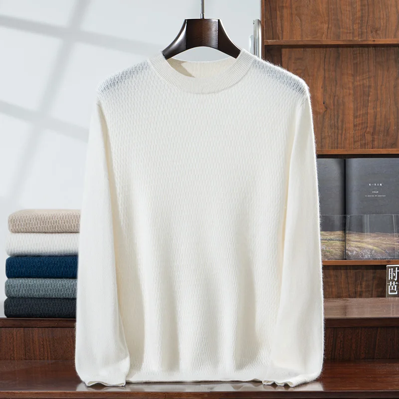 

Men's Honeycomb Round Neck Pullover Sweater 100% Cashmere Knitted Thin Sweater Long Sleeve Versatile Autumn Winter Fashion