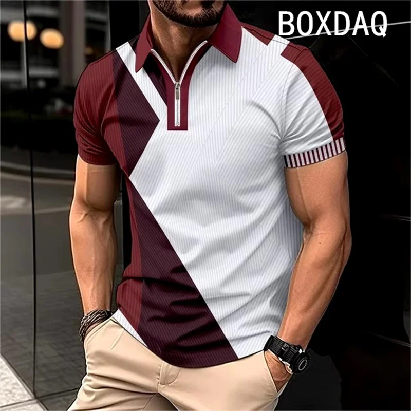 Men's Summer Short Sleeve Lapel Zipper Collar Polo Shirt Fashion Minimalist Casual Polo Shirt 3D Color Splicing Polo Shirt Tops