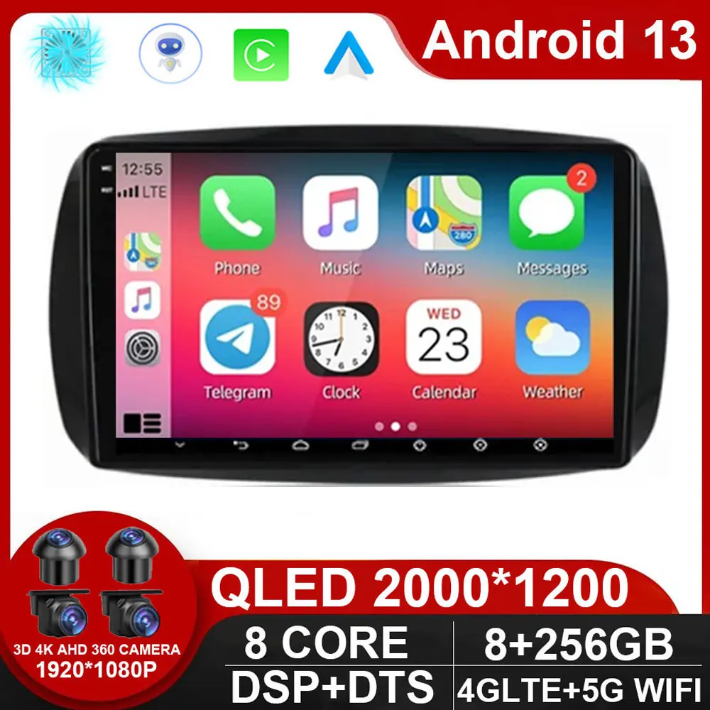 Android 13 Car Radio For Mercedes Smart 453 Fortwo 2014 - 2020 Autoradio Multimedia Player QLED Screen Carplay NO 2Din DVD