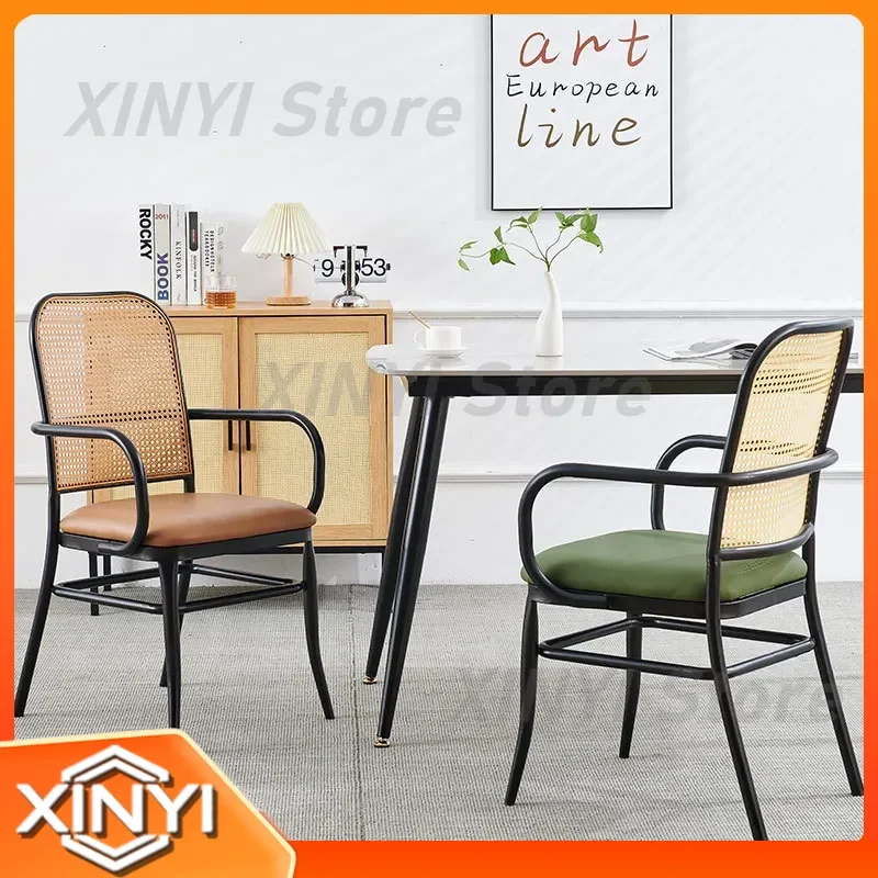 Rattan Chair with Armrest for Home Restaurant Study Back Balcony Leisure Stainless Steel Nordic Dining Chair for Cross-border