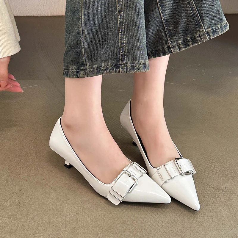 New Designers Original Top Quality Women Pumps Pointed Toe Thin Heels Dress Shoe Nice Leather Wedding Shoes Feminimo Belt Buckle