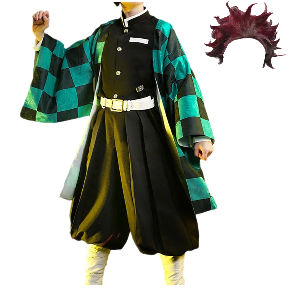 

US Size Men's Kamado Tanjiro Cosplay Green Robe Shirt Pants Outfit Halloween Costume