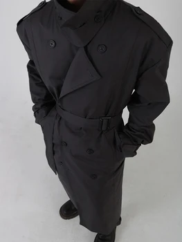 Men's Oversized Black Belted Trench Coat 3 Mauroicardi Spring Autumn Cool Long Black Oversized Trench Coat Men Belt Double Breasted Loose Casual Windproof Outerwear 2022 3