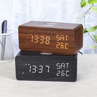 Wooden LED clock with 10W wireless fast charging, study electronic clock with time, date, and temperature display function