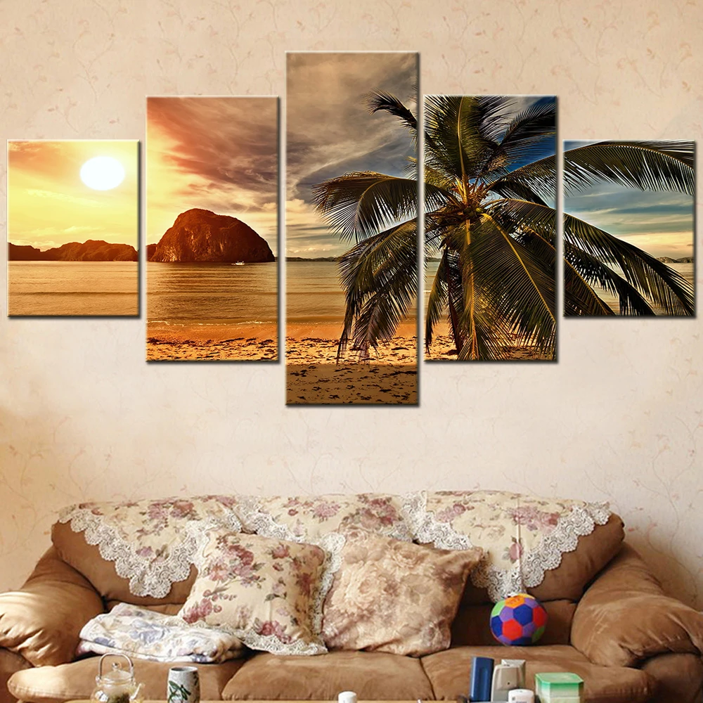 5 Piece Beach Wall Art Palm Tree Canvas Art Sunset Artwork Poster Modular Canvas Painting for Room Decoration Frames for Picture