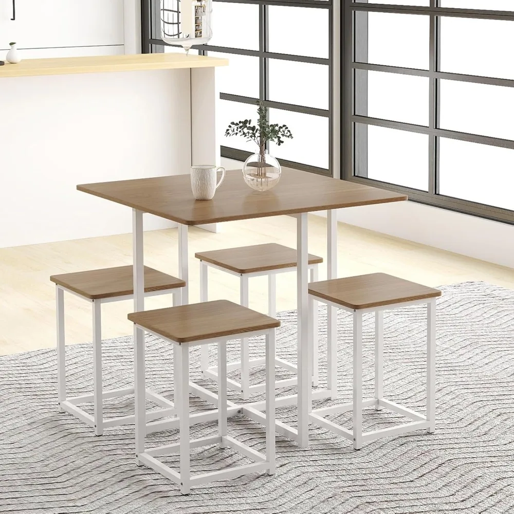 

A Mini Dining Table and Chair Set for Four, A Small Kitchen Dining Table and Chair Combination, Complete with Square Stools