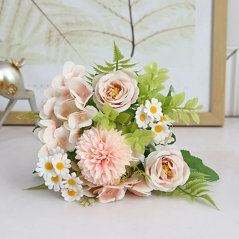 New Multicolor Mixed Flower Beautiful Pink Artificial Flower Hydrangea Dandelion SilkFake BouquetHome Wedding Decoration