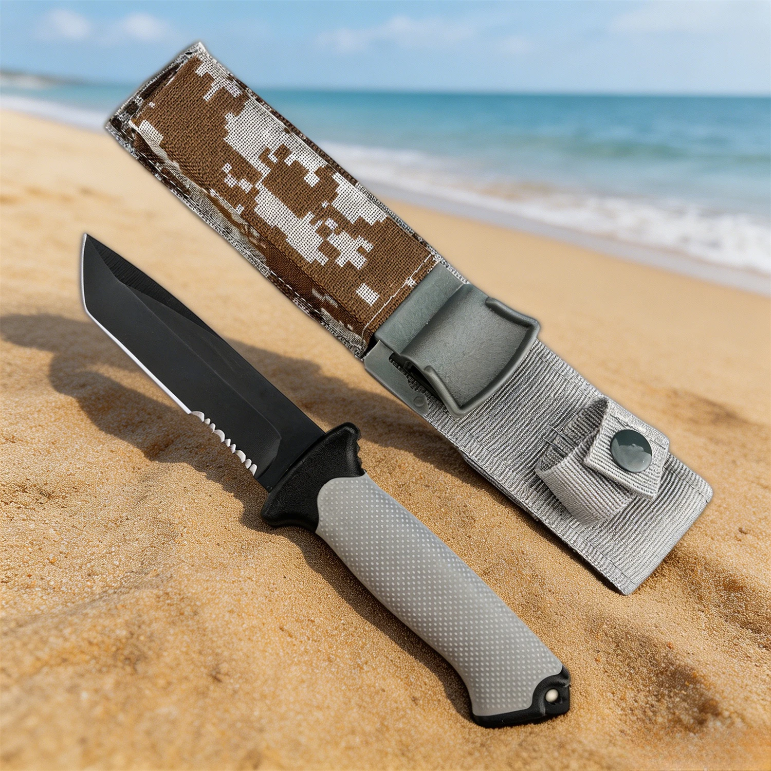 BG-9 Outdoor Carry Tool Knife 8Cr13Mov Serrated Black Fixed Blade Gray Non-slip Rubber Handle Equipped with Protective Sheath view 2