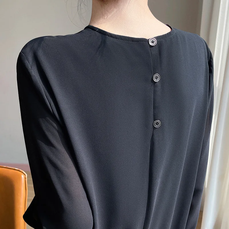 Summer Elegant Long Sleeve Women Dress Georgette Black Evening Long Dresses Round Neck Button Lace Up Vestidos White Party Robe