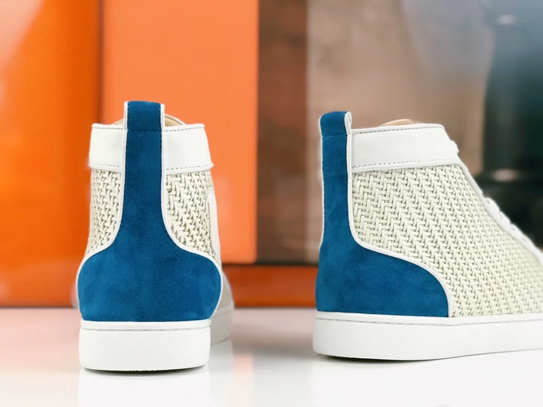 Luxury High Top White Weave Leather Shoes Spiked Toe Studded Footwear Lace Up Red Bottom Shoes For Men Fashion Casual Shoes