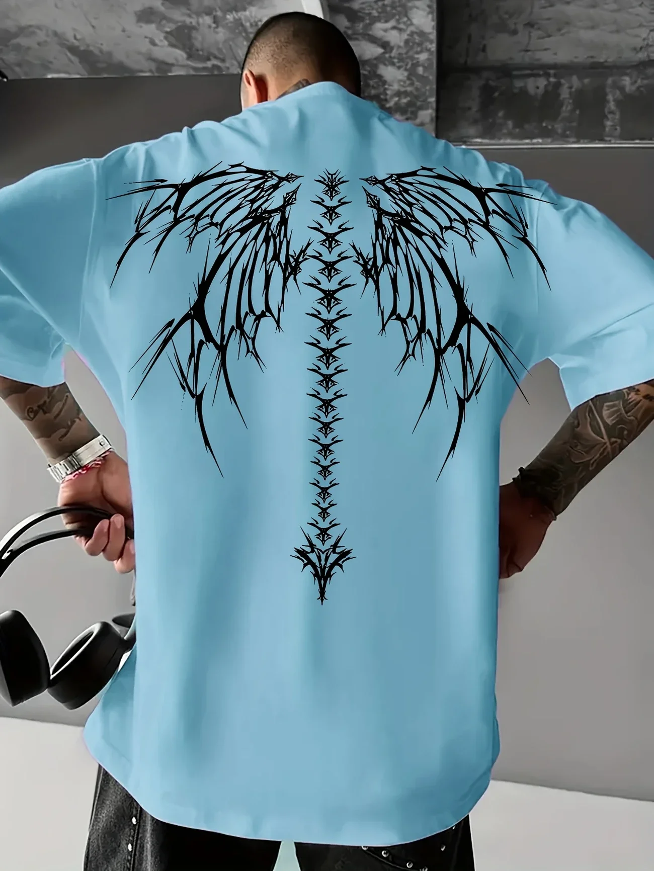 تي شيرت رجالي برقبة دائرية مطبوع عليه جناح العمود الفقري، تي شيرت صيفي رياضي خارجي بأكمام قصيرة كاجوال وأنيق #4